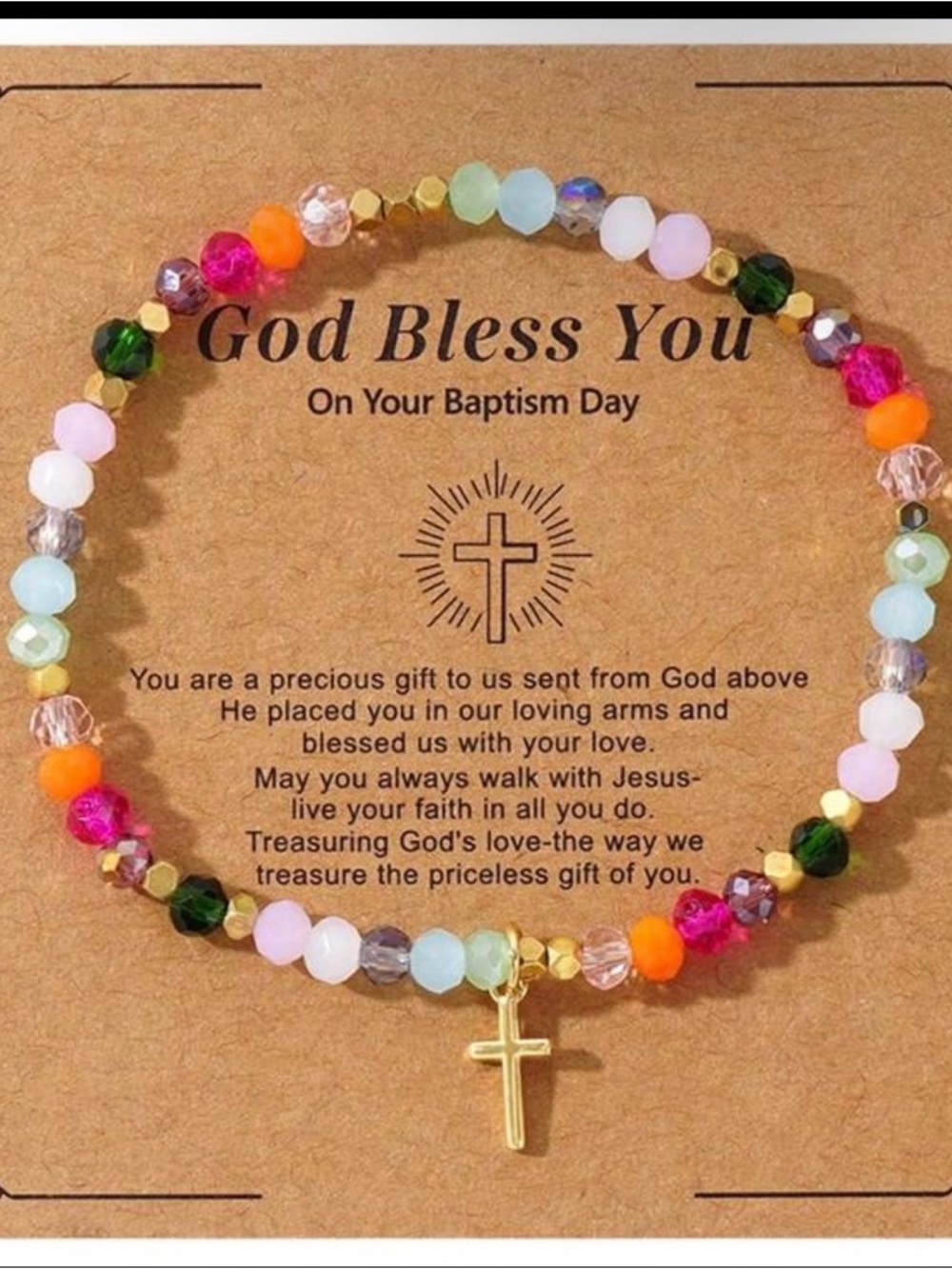Multicolor Crystal Bead Bracelet with Gold Cross Charm - Women Jewelry